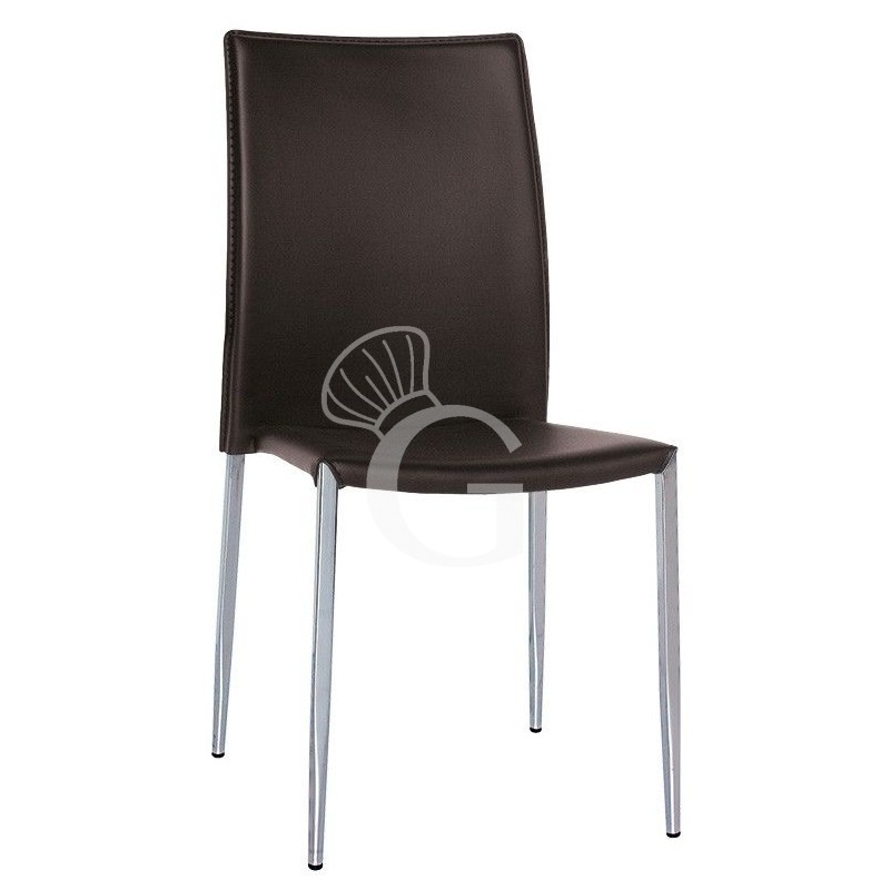 Sedia Cleo con struttura in acciaio cromato, seduta e schienale in ecopelle, colore marrone Sedia Cleo con struttura in acciaio cromato, seduta e schienale in ecopelle, colore marrone