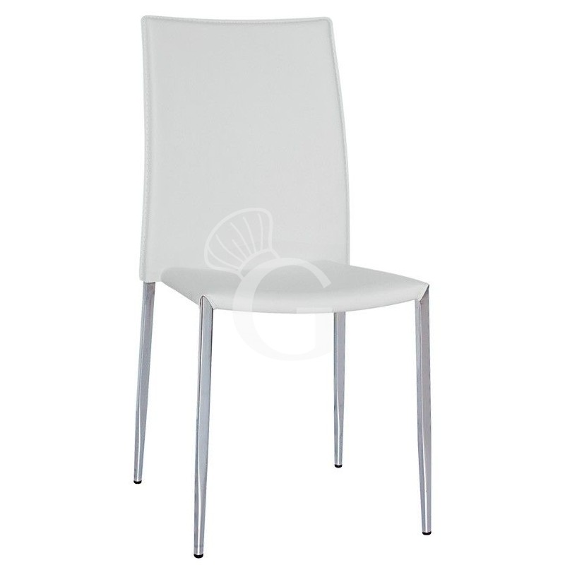 Sedia Cleo con struttura in acciaio cromato, seduta e schienale in ecopelle, colore bianco Sedia Cleo con struttura in acciaio cromato, seduta e schienale in ecopelle, colore bianco