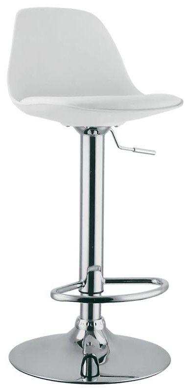 Sgabello Globe con struttura in metallo cromato, seduta e schienale in polipropilene e cuscino in ecopelle, colore bianco