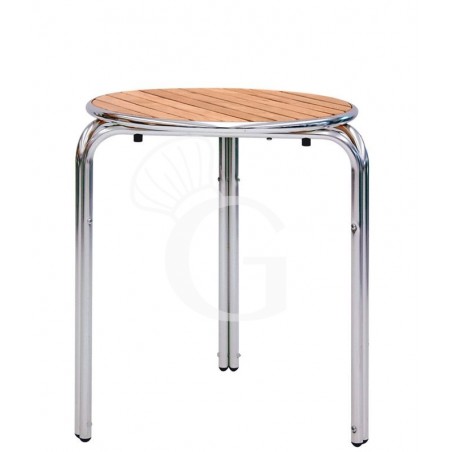 Tavolo rotondo diametro 60cm in alluminio e doghe in legno Tavolo rotondo diametro 60cm in alluminio e doghe in legno