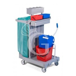 Carrello multiuso su ruote con reggisacco 3 secchi strizzatore portabottiglie ganci portascope L 920 mm x P 550 mm x H 1240 mm