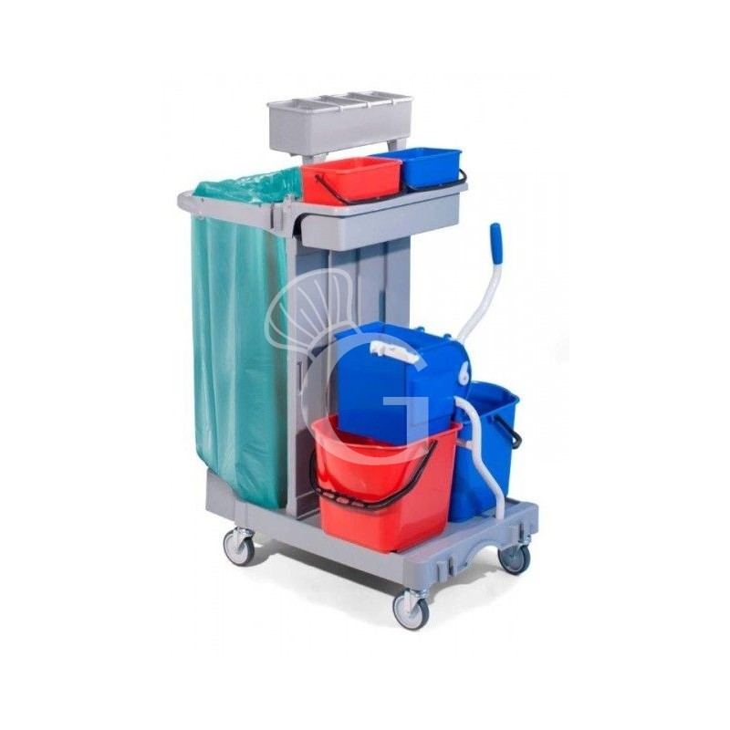 Carrello multiuso su ruote con reggisacco, 6 secchi, strizzatore, portabottiglie e ganci portascope Carrello multiuso su ruote con reggisacco, 6 secchi, strizzatore, portabottiglie e ganci portascope