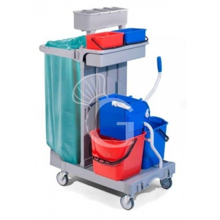 Carrello multiuso su ruote con reggisacco, 6 secchi, strizzatore, portabottiglie e ganci portascope Carrello multiuso su ruote con reggisacco, 6 secchi, strizzatore, portabottiglie e ganci portascope