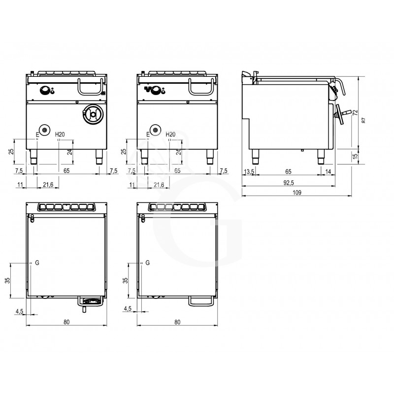 Disegno tecnico brasiera a gas su mobile ribaltamento manuale capacità 80 LT