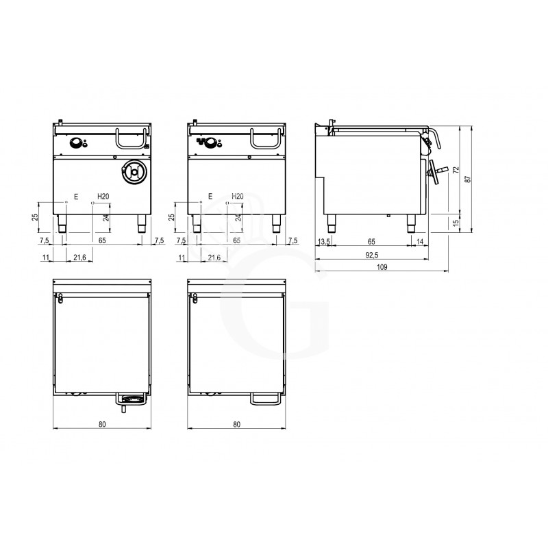 Disegno tecnico brasiera elettrica su mobile ribaltamento automatico capacità 80 LT