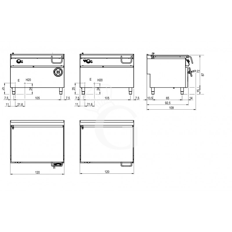 Disegno tecnico brasiera elettrica su mobile ribaltamento automatico capacità 120 LT