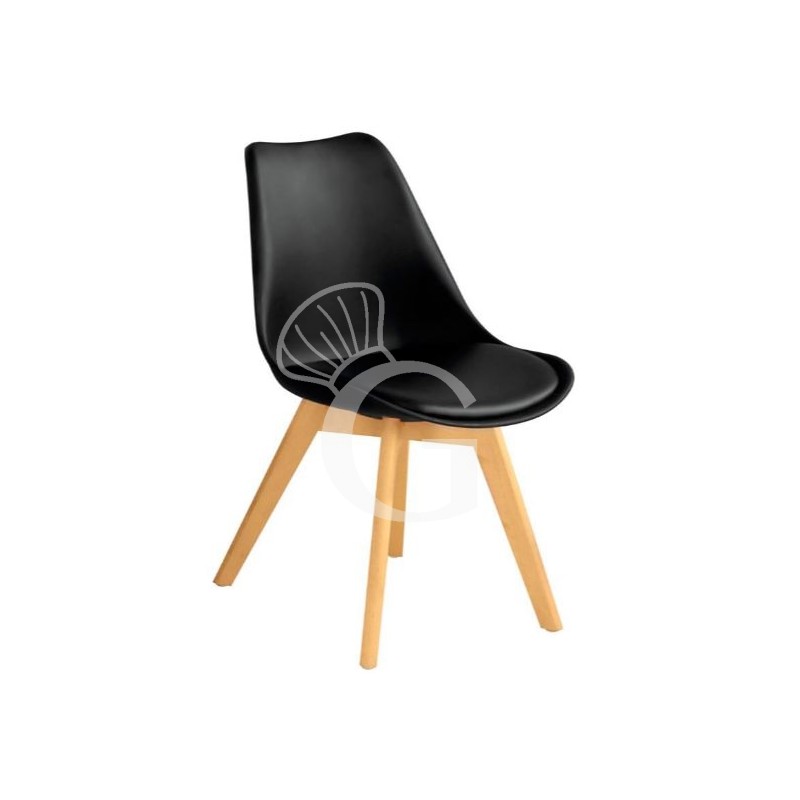 Sedia Duck con struttura in legno, seduta e schienale in polipropilene e cuscino in ecopelle, colore nero Sedia Duck con struttura in legno, seduta e schienale in polipropilene e cuscino in ecopelle, colore nero