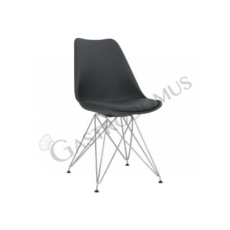 Sedia Lerika con struttura in metallo cromato, seduta e schienale in polipropilene, cuscino in ecopelle, colore nero