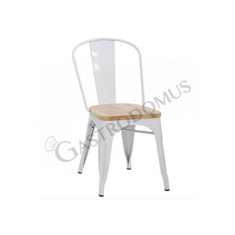 Sedia Milonga con struttura in metallo verniciato, seduta in legno e schienale in metallo verniciato