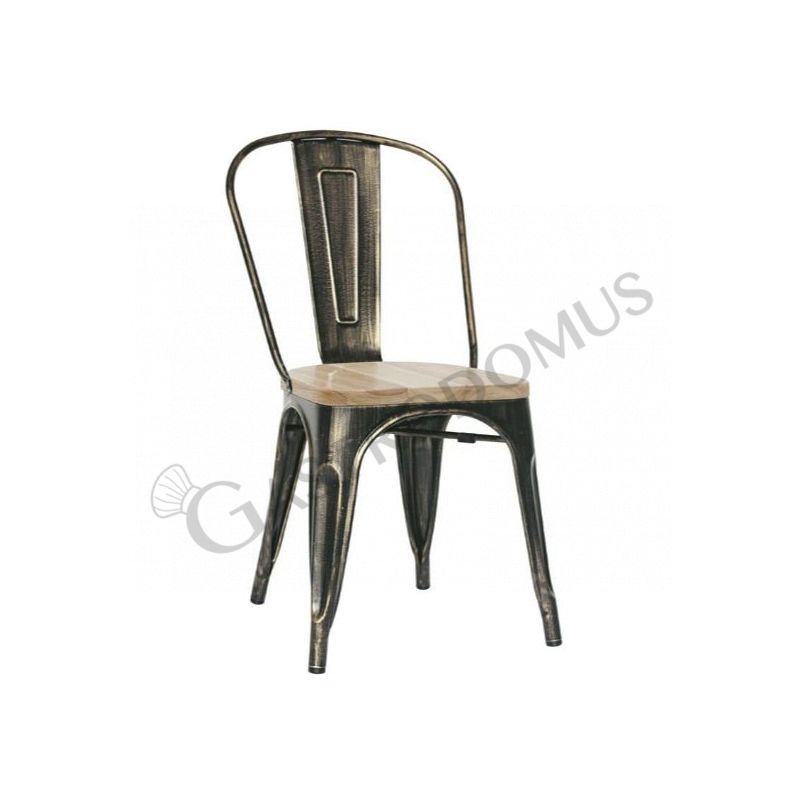 Sedia Rose con struttura e schienale in metallo verniciato effetto anticato e seduta in legno