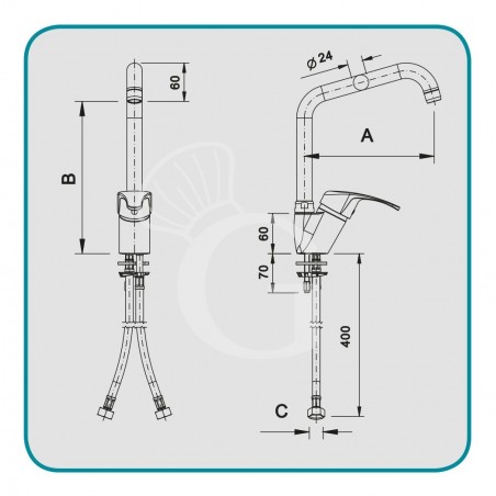 Rubinetto miscelatore monoforo monocomando leva inclinata canna L Ø 24 Rubinetto miscelatore monoforo monocomando leva inclinata canna L Ø 24