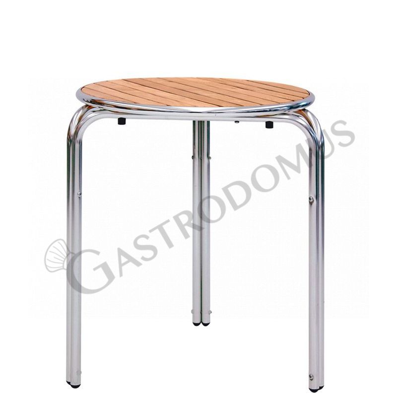 Tavolo rotondo diametro 60cm in alluminio e doghe in legno Tavolo rotondo diametro 60cm in alluminio e doghe in legno