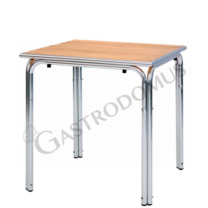 Tavolo da esterno quadrato in alluminio e doghe in legno