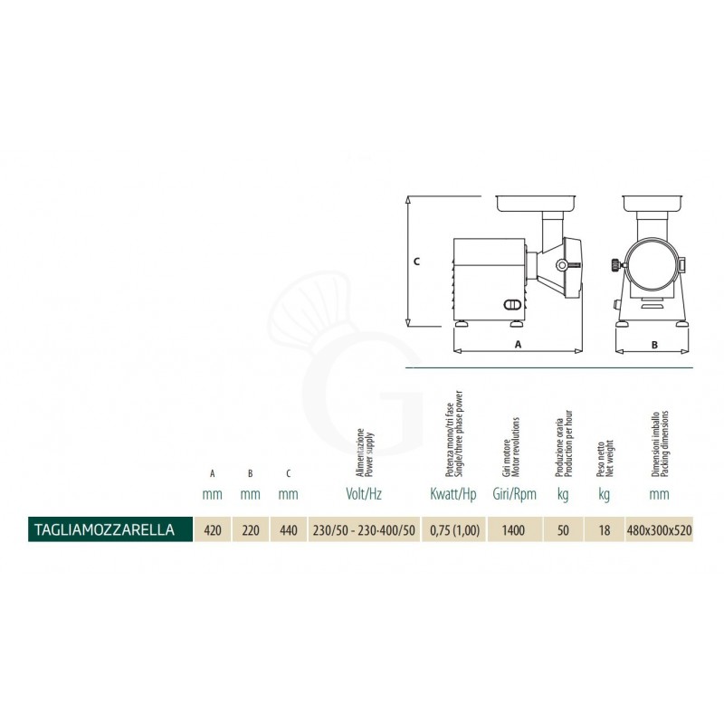 Scheda tecnica Tagliamozzarella Professionale Monofase per taglio a fiocco 0,75 Kw