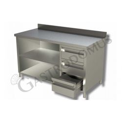 Tavolo a giorno in acciaio inox,3 cassetti a destra, alzatina, L 1600 mm x P 700 mm x H 850 mm
