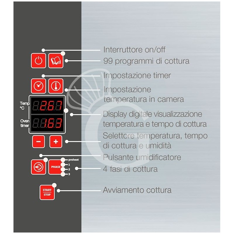 Forno elettrico digitale trifase a convezione per pasticceria con umidificatore per 10 teglie 600x400mm