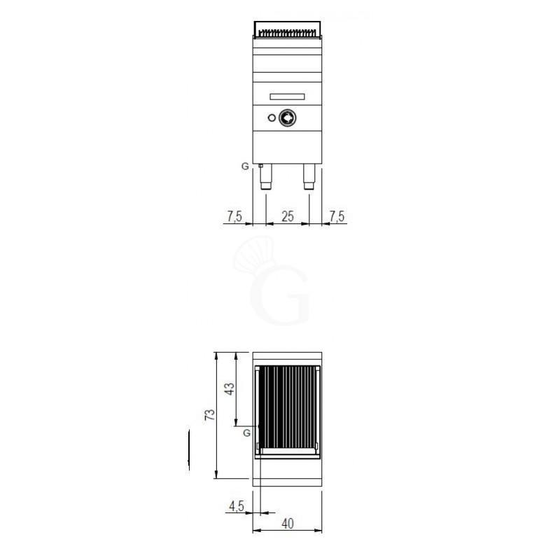 Disegno tecnico griglia ad acqua a gas singola su mobile chiuso profondità 700 mm