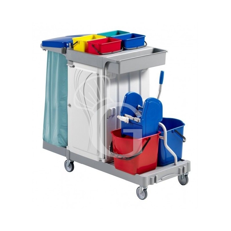Carrello multiuso su ruote con reggisacco, 6 secchi, strizzatore, portabottiglie e ganci portascope Carrello multiuso su ruote con reggisacco, 6 secchi, strizzatore, portabottiglie e ganci portascope