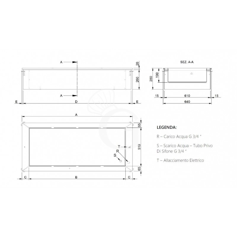 Piano bagnomaria da incasso - altezza vasca 180 mm - dimensioni L 1135 x P 640 x H 285 mm