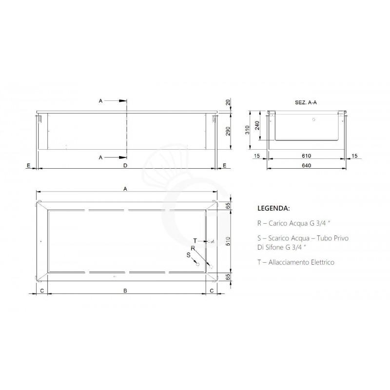 Piano bagnomaria da incasso - altezza vasca 230 mm - dimensioni L 2110 x P 640 x H 315 mm