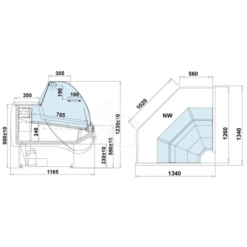 Vetrina angolo interno ventilata Nancy full optional, Temp. +1°/+10°C, L 1340 mm