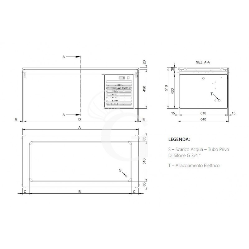 Piano refrigerato statico da incasso - altezza vasca 30 mm - dimensioni L 2110 x P 640 x H 510 mm