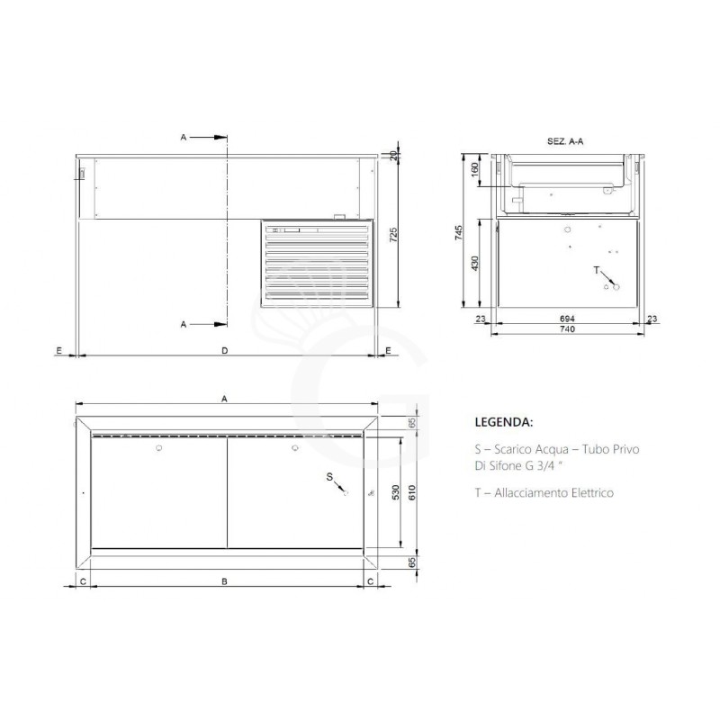 Piano refrigerato ventilato da incasso con vasca regolabile - dimensioni L 1785 x P 740 x H 745 mm