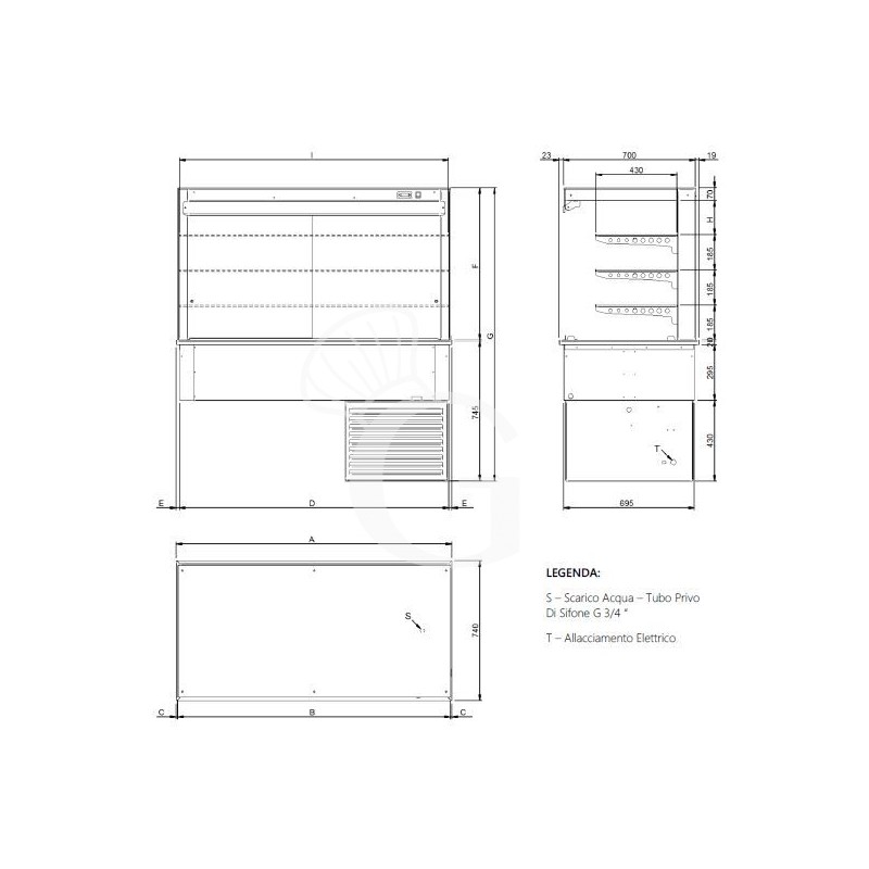 Vetrina refrigerata ventilata cubica 2 ripiani con tendina lato cliente  - Lunghezza 810 mm