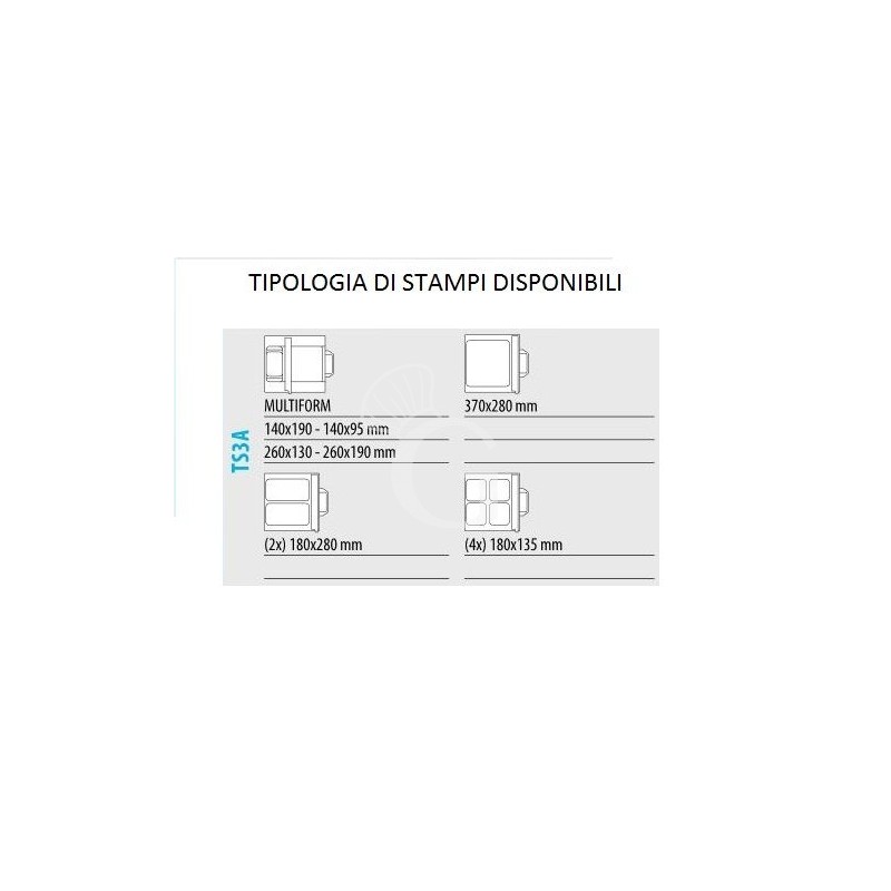 Schema termosigillatrice automatica in acciaio inox, larghezza film 330 mm, potenza 1,5 kW