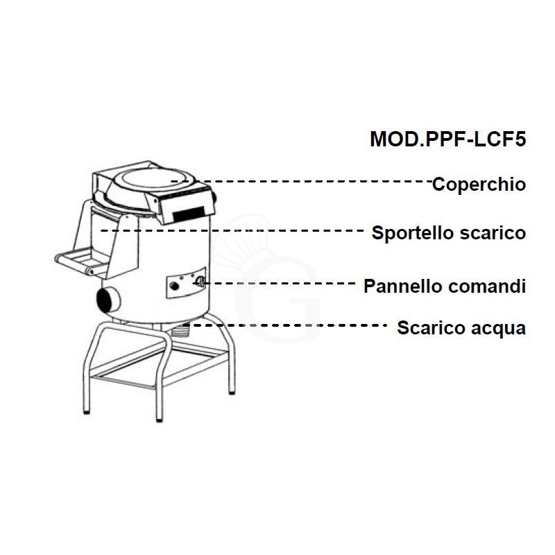 Pelapatate da pavimento con cavalletto, trifase, capacità 5 Kg, produzione 60 Kg/h