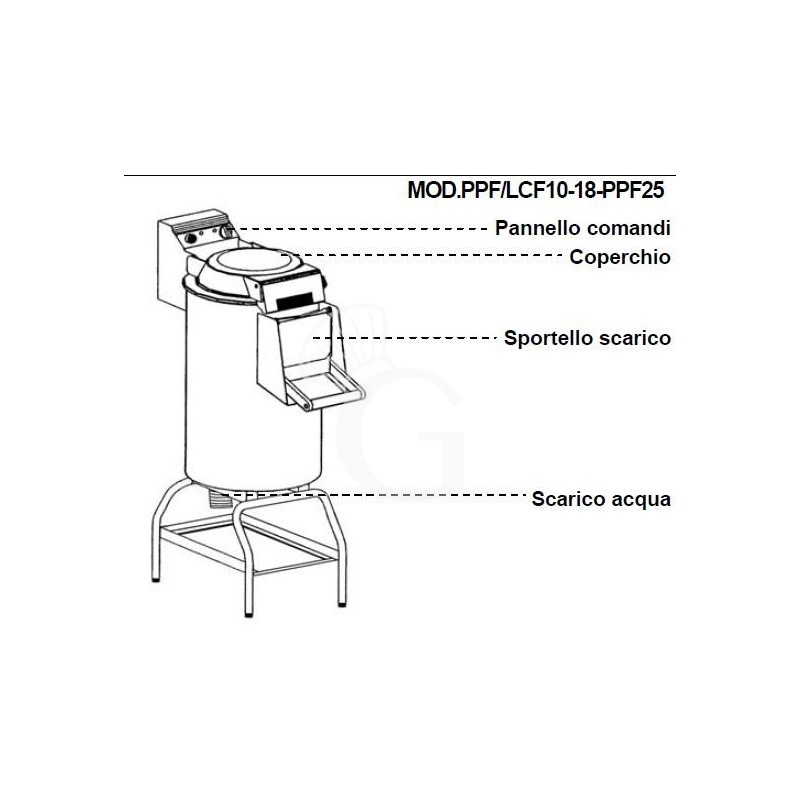 Pelapatate da pavimento con cavalletto, trifase, capacità 10 Kg, produzione 120 Kg/h