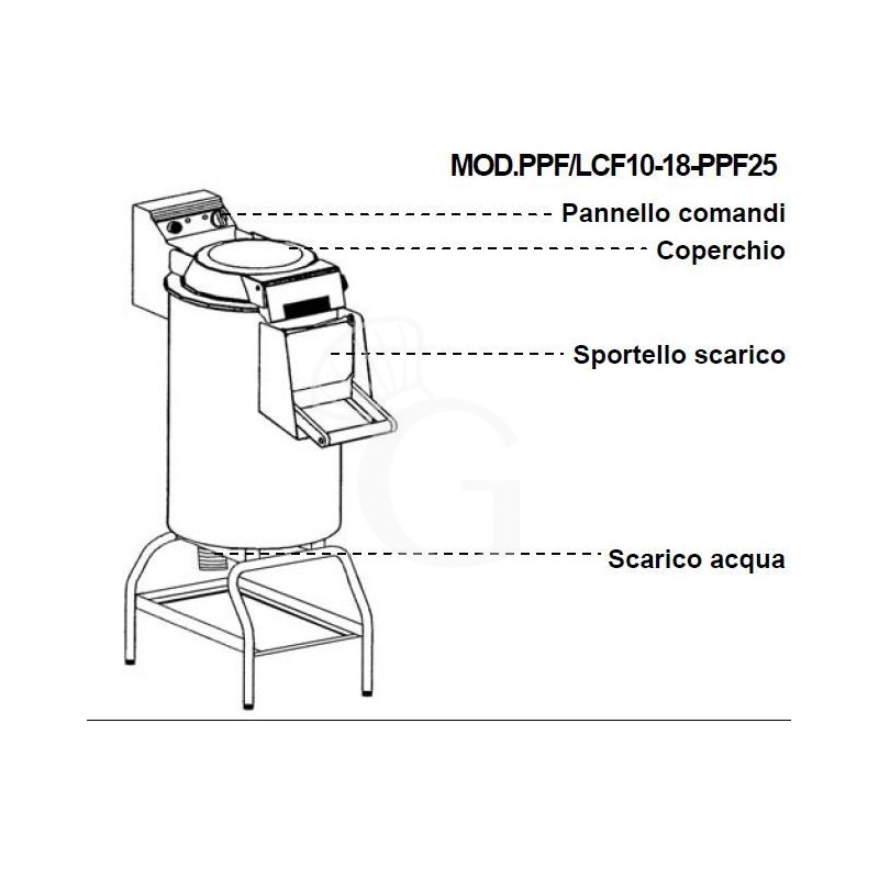 Pelapatate da pavimento con cavalletto, trifase, capacità 25 Kg, produzione 450 Kg/h