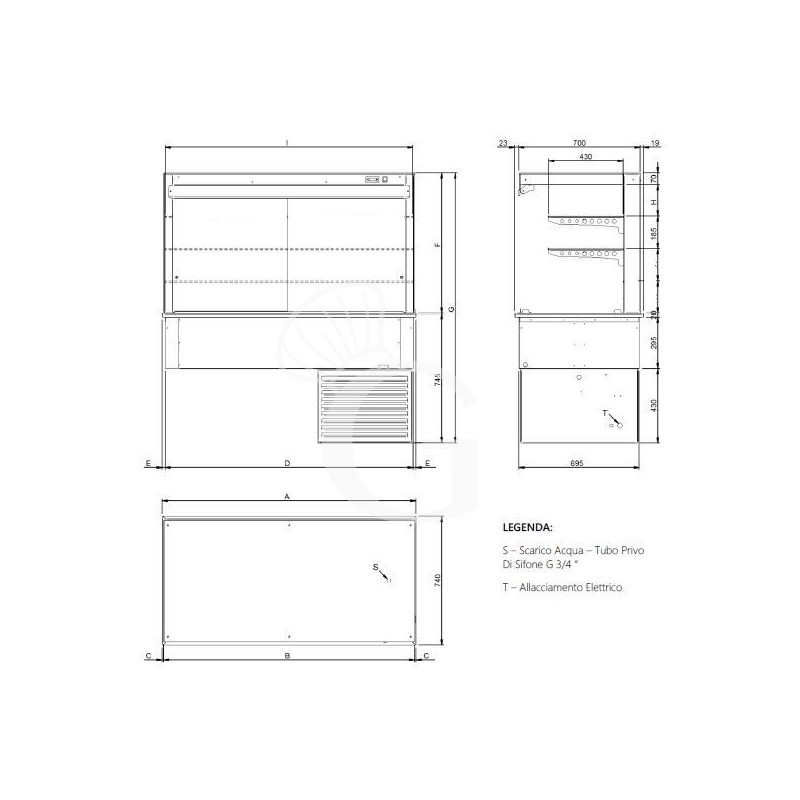 Vetrina refrigerata ventilata cubica 2 ripiani con tendina lato cliente  - Lunghezza 810 mm