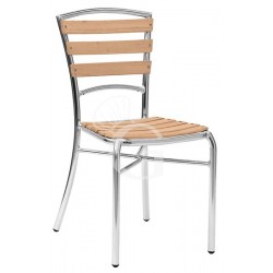 Sedia Ibis con struttura in alluminio anodizzato, seduta e schienale a doghe in legno di rovere