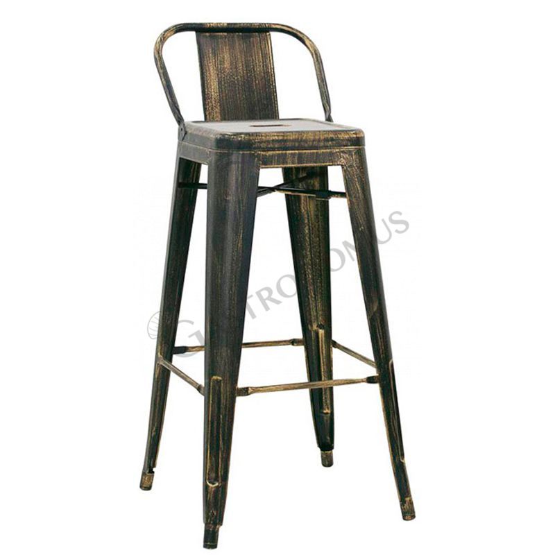 Sgabello Skip con struttura, schienale e seduta in metallo verniciato effetto anticato