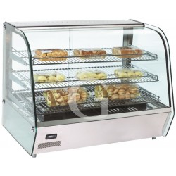 Vetrina riscaldata in inox e vetro con alimenti all'interno