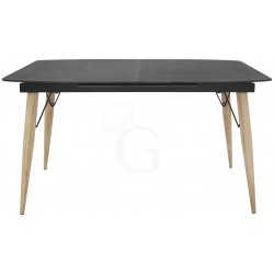 Tavolo con struttura in metallo verniciato, gambe in legno e piano in cristallo, L 140/200 cm