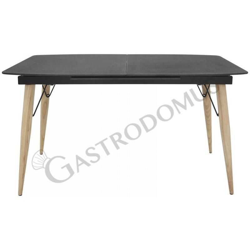 Tavolo con struttura in metallo verniciato, gambe in legno e piano in cristallo, L 140/200 cm