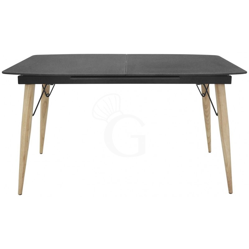 Tavolo con struttura in metallo verniciato, gambe in legno e piano in cristallo, L 140/200 cm Tavolo con struttura in metallo verniciato, gambe in legno e piano in cristallo, L 140/200 cm