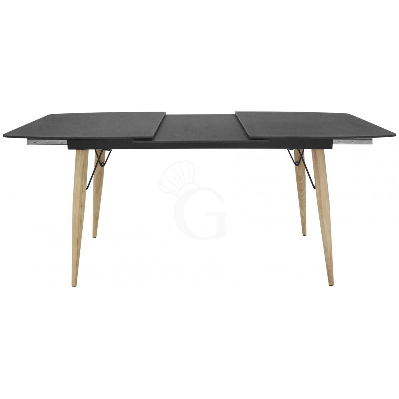 Tavolo con struttura in metallo verniciato, gambe in legno e piano in cristallo, L 140/200 cm