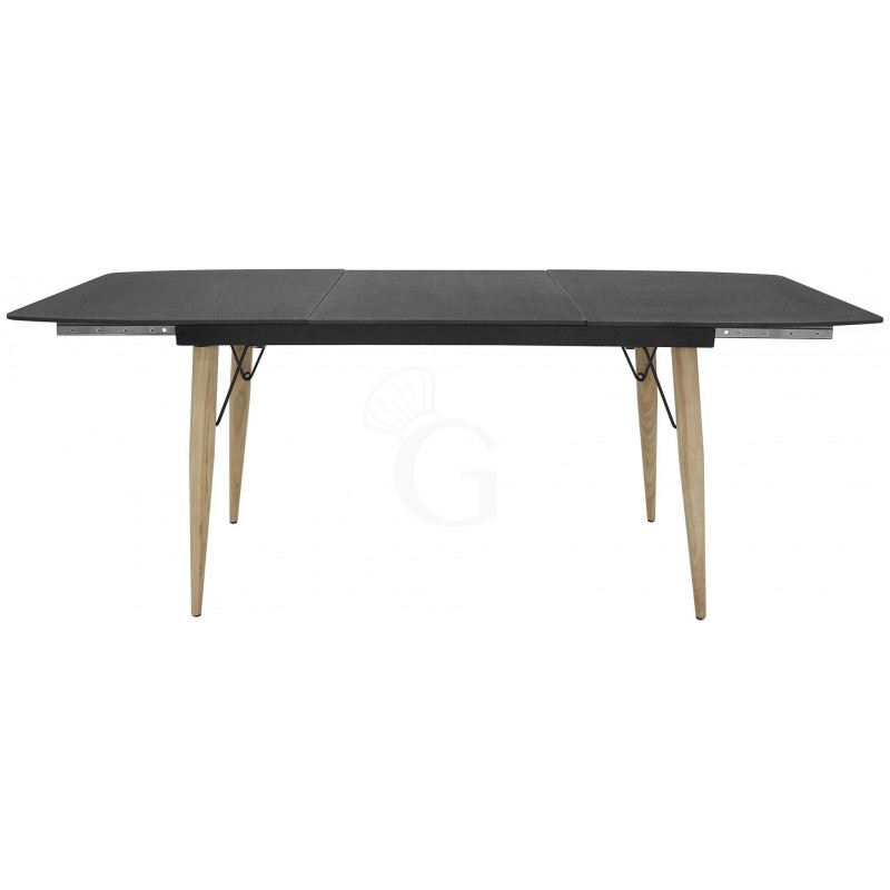 Tavolo con struttura in metallo verniciato, gambe in legno e piano in cristallo, L 140/200 cm