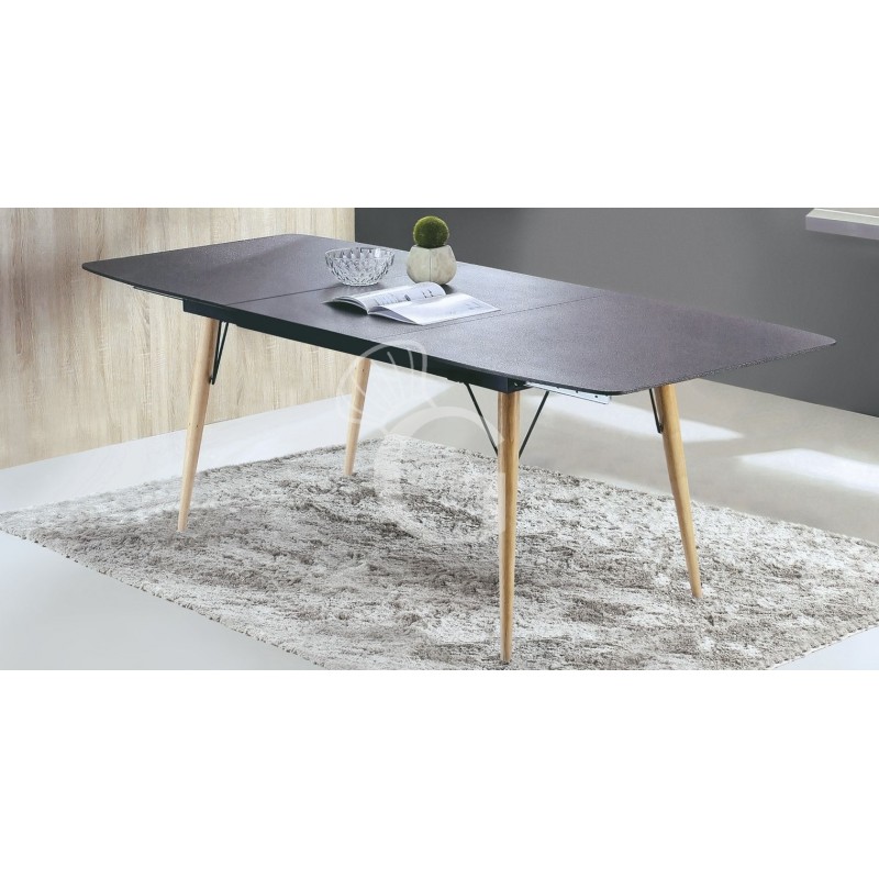 Tavolo con struttura in metallo verniciato, gambe in legno e piano in cristallo, L 140/200 cm