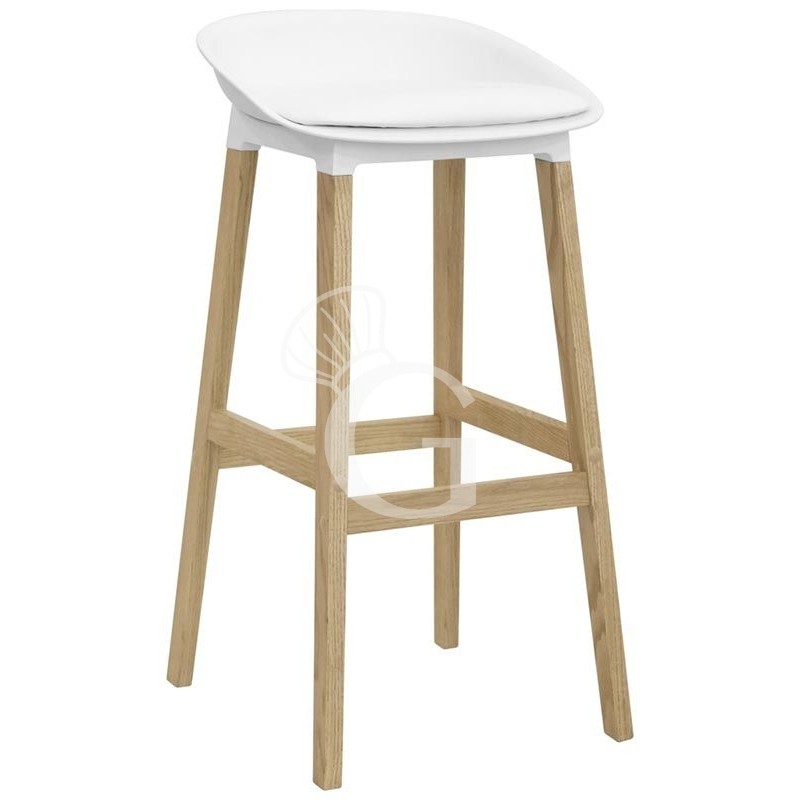 Sgabello Oslo con struttura in legno, seduta in polipropilene e cuscino in ecopelle Sgabello Oslo con struttura in legno, seduta in polipropilene e cuscino in ecopelle