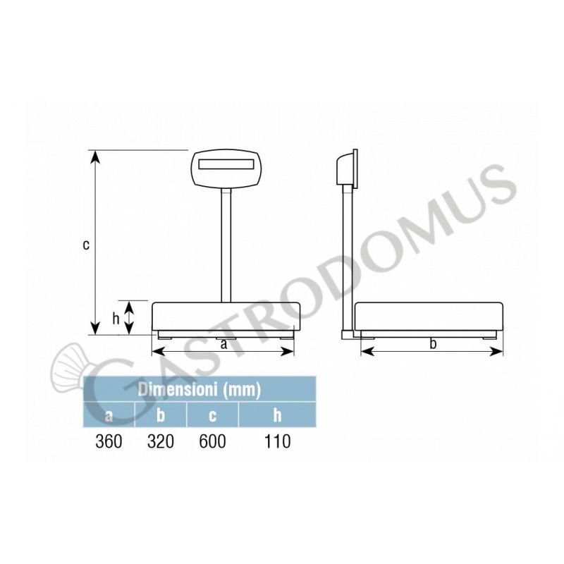 Bilancia monocella completa portata 6 Kg precisione 0,5 g L 360 mm x P 320 mm x H 600 mm, scheda tecnica