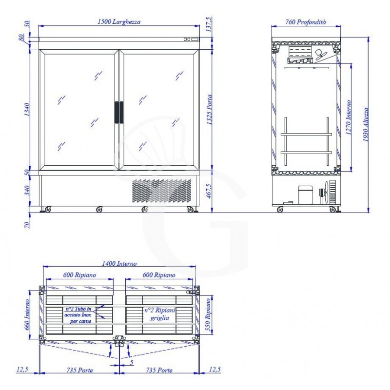 Vetrina frigo per carne - 2 porte - temp. -5°C/+10°C - L 1500 mm x P 760 mm x H 1930 mm - scheda tecnica