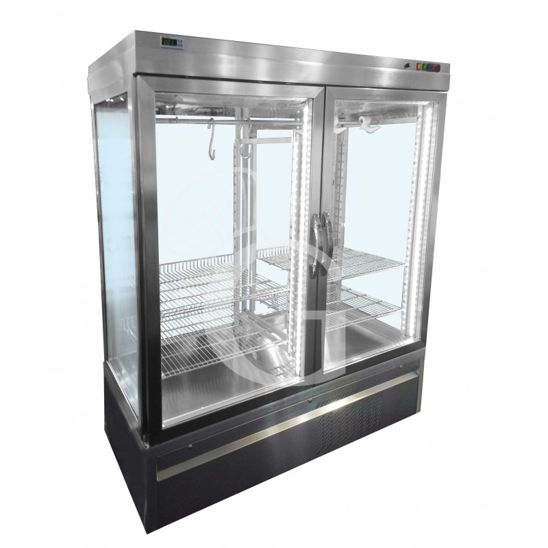 Belüftete Fleischkühlvitrine, Außenmaße B 1780 mm x T 760 mm x H 1930 mm, 4 Innenroste, Temperatur von -5°C/+ 10°C Belüftete Fleischkühlvitrine, Außenmaße B 1780 mm x T 760 mm x H 1930 mm, 4 Innenroste, Temperatur von -5°C/+ 10°C