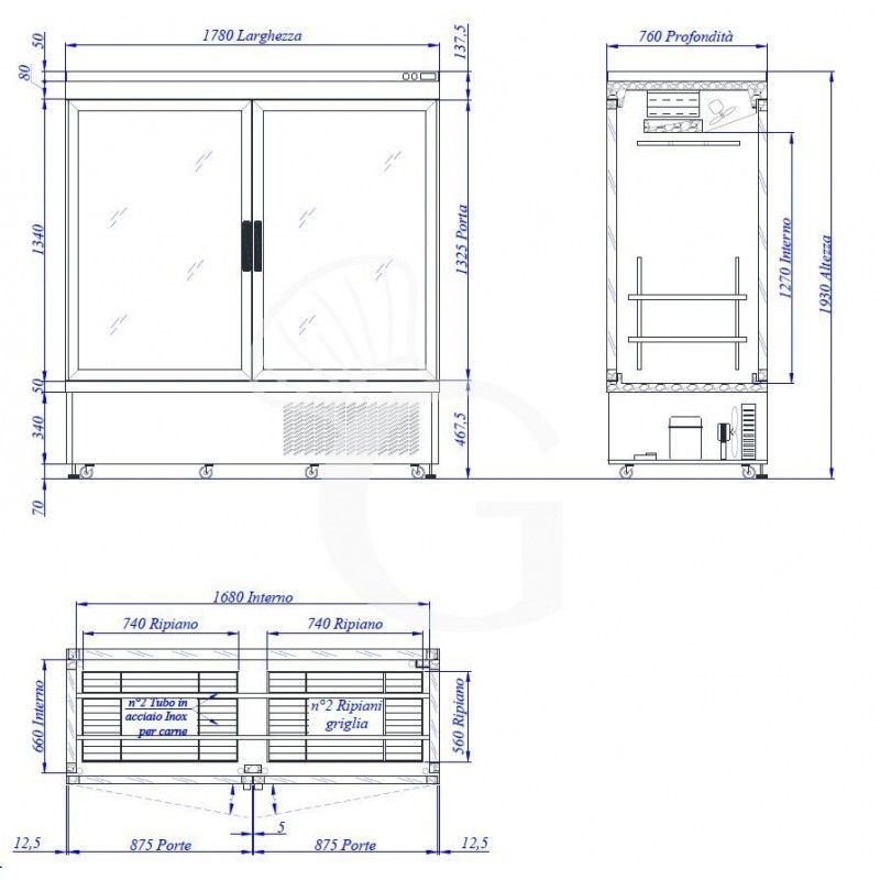 Vetrina frigo per carne 2 porte - temp. -5°C/+10°C - L 1780 mm x P 760 mm x H 1930 mm - scheda tecnica