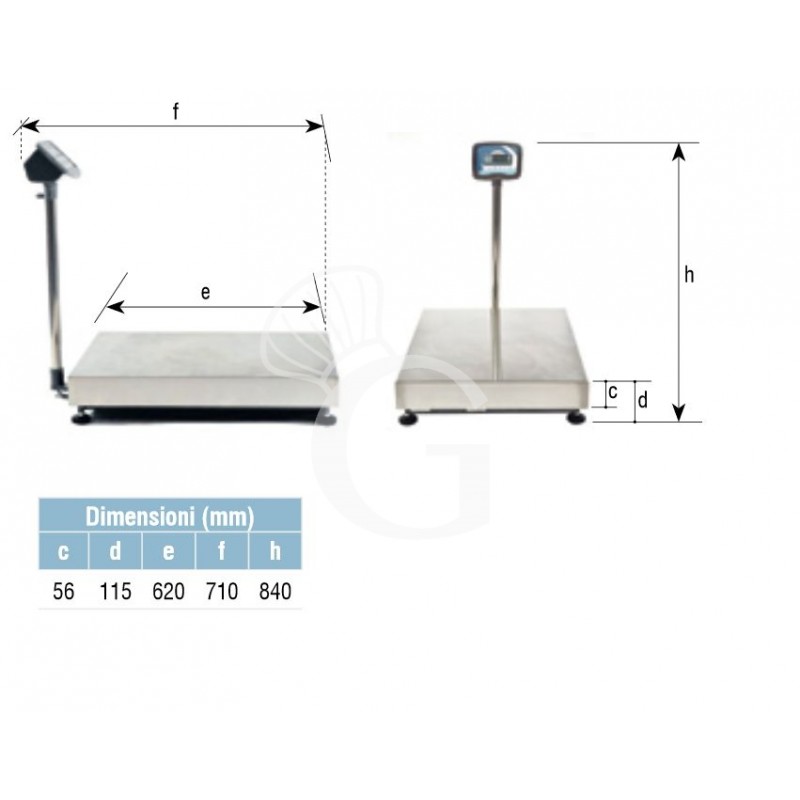 Bilancia monocella completa portata 60 Kg precisione 10 g L 500 mm x P 400 mm x H 840 mm, scheda tecnica