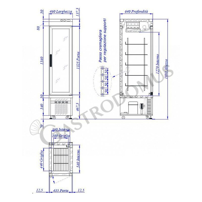Scheda tecnica Espositore Refrigerato Pasticceria Statico 250 LT 2°C/ +10°C 1 lato vetro