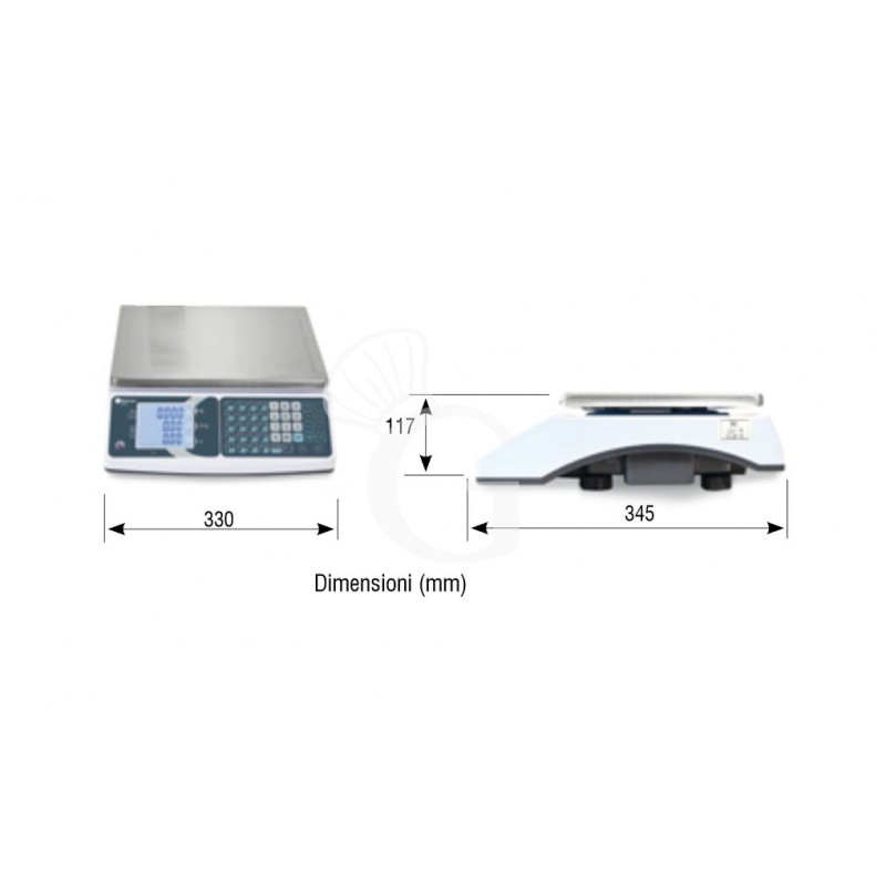 Bilancia commerciale senza colonna portata 15 Kg precisione 2/5 g L 330 mm x P 345 mm x H 117 mm, scheda tecnica